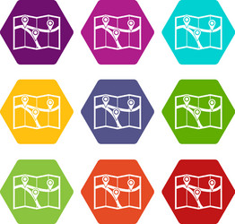 map with pin pointers icon set color hexahedron vector image
