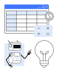 robot analyzing data spreadsheet with calculator vector image
