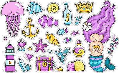 Mermaid & Jellyfish Sticker Set Vector Image