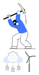 worker mining data with pickaxe gears cloud vector image