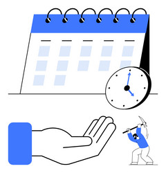 calendar clock open hand and miner with pickaxe vector image