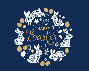 Happy Easter Card with Rabbits & Eggs Vector Image