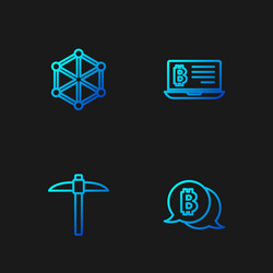 set line bitcoin pickaxe blockchain technology vector image