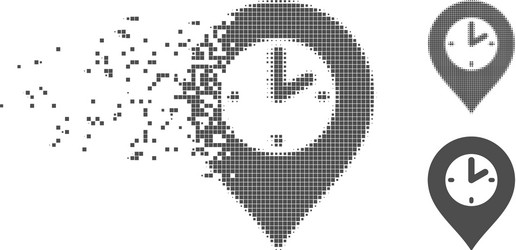 Disintegrating pixel halftone clock marker icon vector