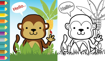 Cartoon of funny monkey with banana tree in forest vector