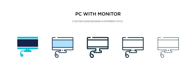 Pc with monitor icon in different style two vector