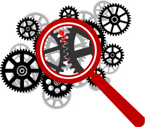 Cogwheel gear mechanism under magnifying glass vector