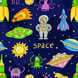 Seamless pattern with space objects - ufo rockets vector