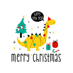 Cute dinosaur and merry christmas slogan vector