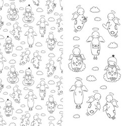 set of doodle angels in the sky with clouds vector