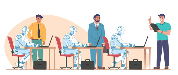 robots working on computers performing tasks flat vector image