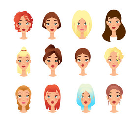 Young girls faces flat set vector