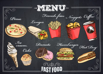 Fast food menu sketch sandwich burger pizza Vector Image