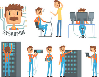 Sysadmin network engineer characters set vector