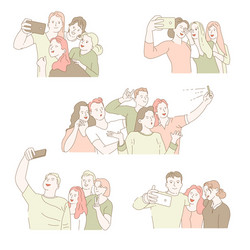 Group selfie isolated icons men and women taking vector