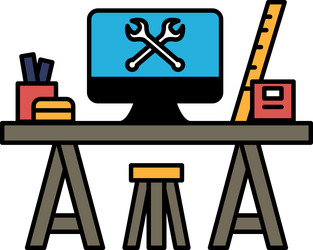 a computer desk with monitor ruler and pair vector image