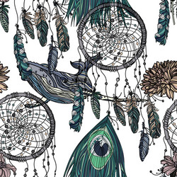 Seamless pattern with whales and dreamcatcher vector