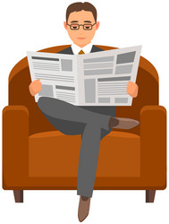 Serious man sits in chair and reads newspaper vector