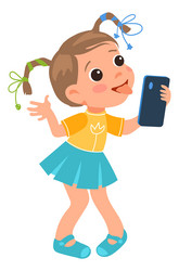 Girl making selfie kid shooting photo on phone vector