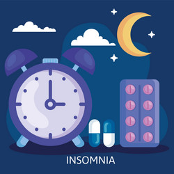 insomnia clock with pills moon and clouds vector image