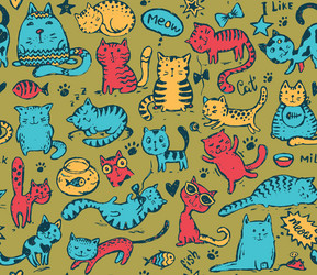 Seamless pattern with hand draw funny cats Vector Image