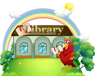 a red parrot reading in front of the library vector image