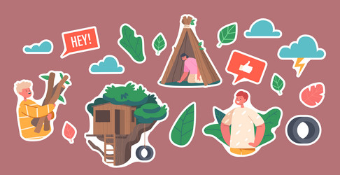 set of stickers children playing at treehouse vector