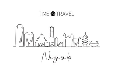 One single line drawing nagasaki city skyline vector