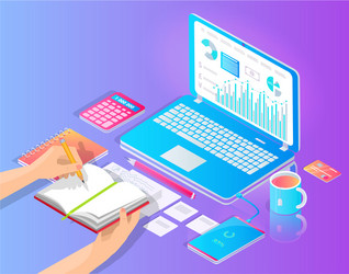 workplace with laptop and useful stuff on desktop vector image