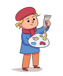 Child artist putting paint on palette white vector