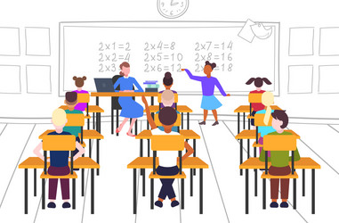 Female teacher with pupils sitting at desks vector