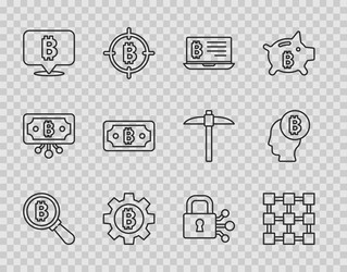 set line magnifying glass with bitcoin blockchain vector image