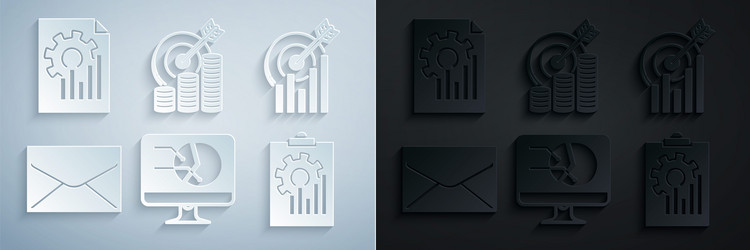 set computer monitor with graph chart target vector image