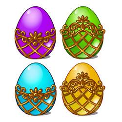 a set of multicolored eggs in golden frame Vector Image