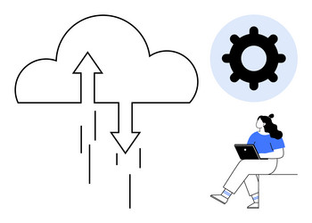 cloud data transfer with user interaction and gear vector image