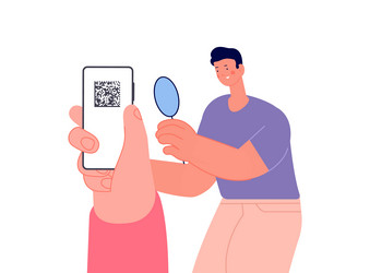 Man checks qr code on smartphone screen personal vector