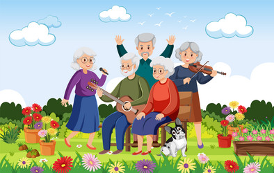 joyful retirees entertaining with music vector