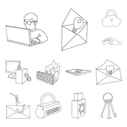 Hacker and hacking outline icons in set collection vector