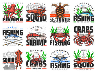 Sea fishing emblems for club icons vector