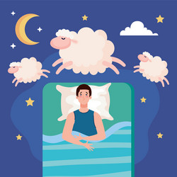 Insomnia man on bed with pillow and sheeps vector