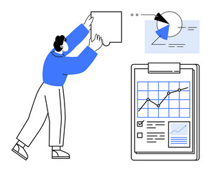 person analyzing data charts and adding puzzle vector image