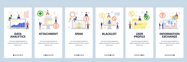 Mobile app onboarding screens data analytics vector