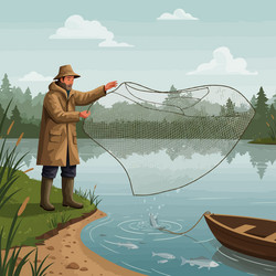 fisherman casting net for fish in calm lake vector image