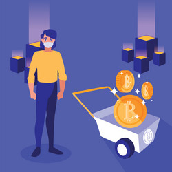 man with mask and bitcoins inside cart vector image