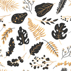 Tropical leaves gold black seamless pattern vector