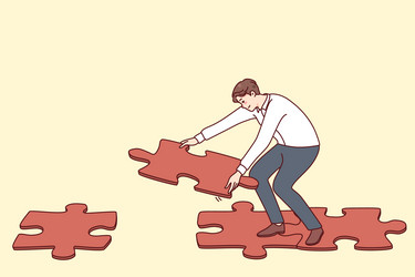 Man connecting jigsaw puzzle making way vector