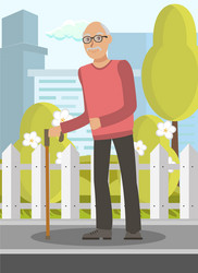 Elderly man with walking stick flat vector