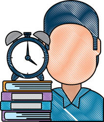 Man with text books and alarm clock vector