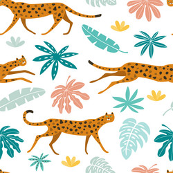 Seamless pattern with leopards and tropical vector