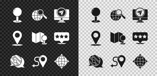 set push pin magnifying glass with globe monitor vector image